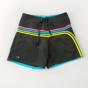 OP Black Board Shorts with Pink, Teal, Yellow, and Lime Stripes